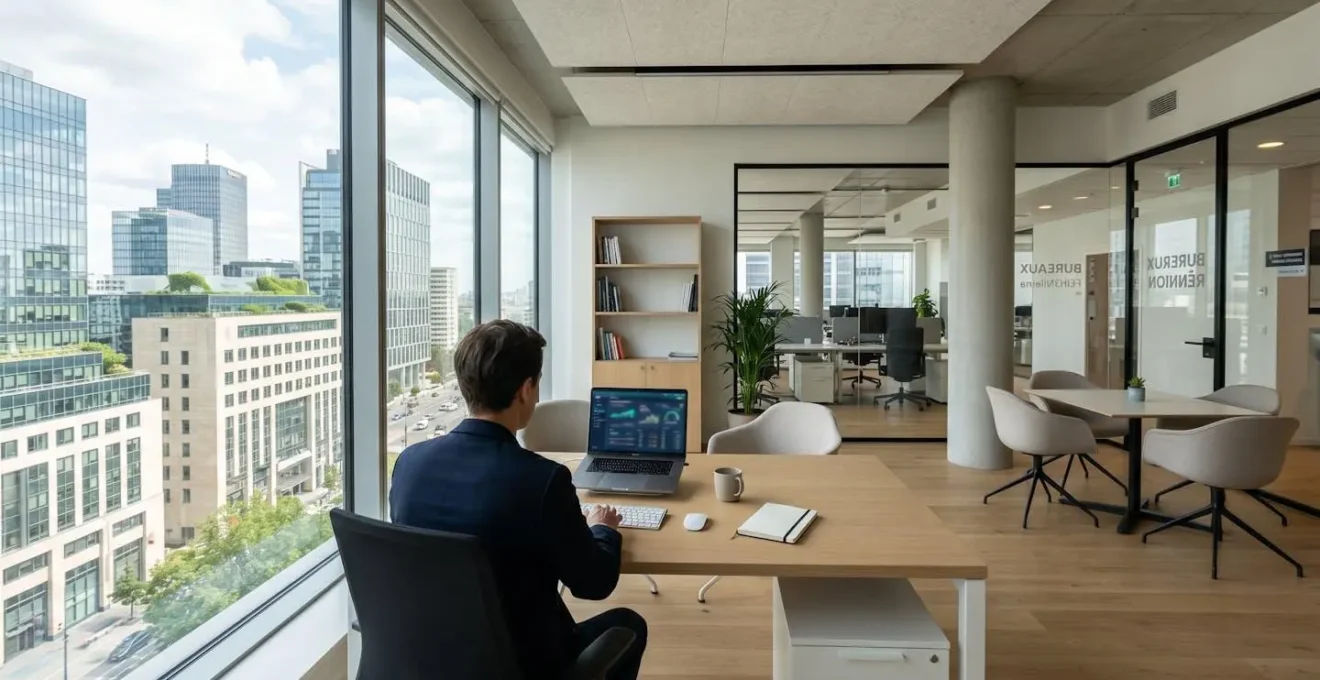 Bureau de direction financière moderne avec ordinateur affichant un tableau de bord financier à l'écran complètement flouté, éclairage naturel
