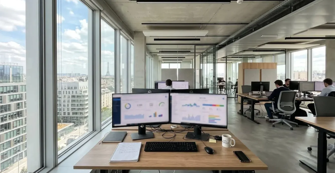 Bureau moderne d'un département finance avec deux écrans affichant des tableaux de bord, lumière naturelle abondante, mobilier contemporain