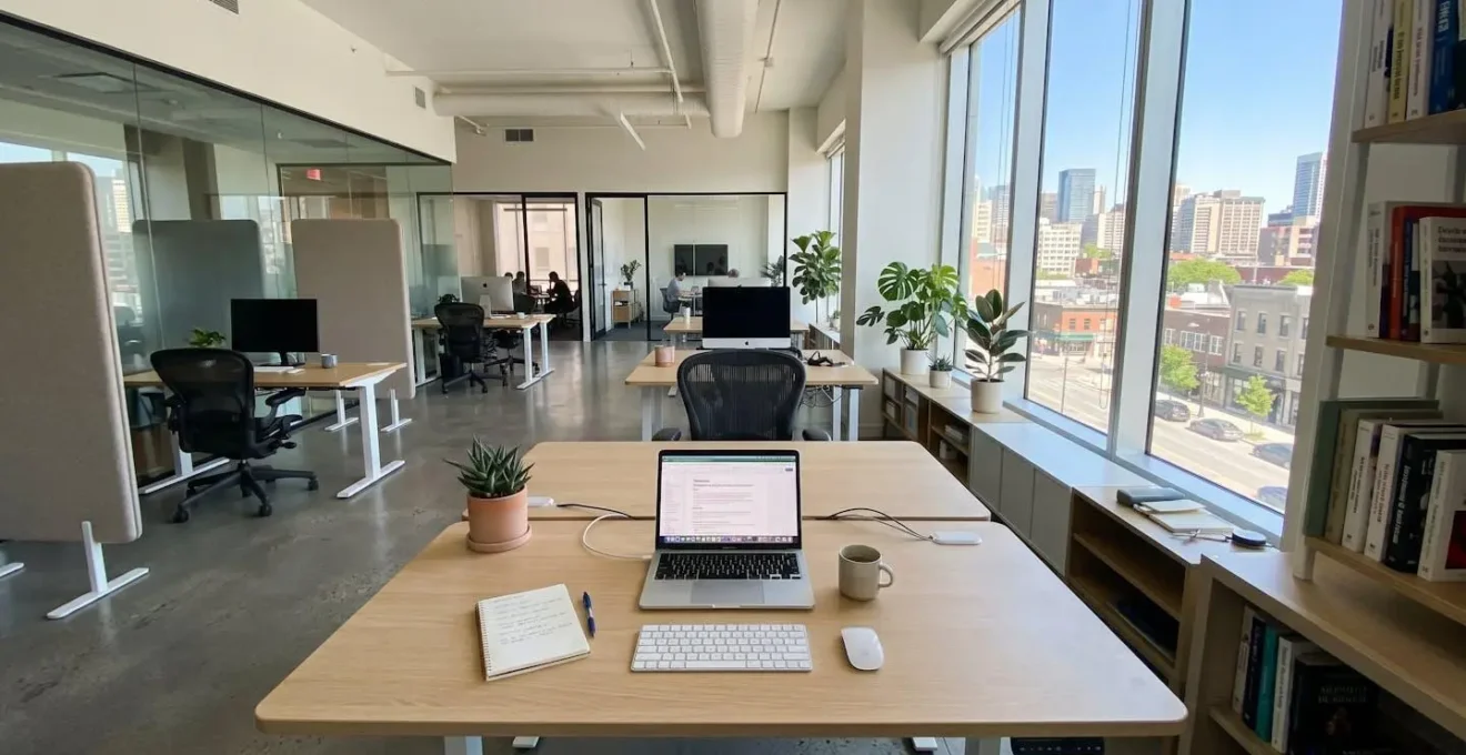 Bureau contemporain de directeur financier en PME, lumineux et épuré, avec ordinateur affichant un tableur flouté, quelques documents classés, plante verte, vue sur open space en arrière-plan