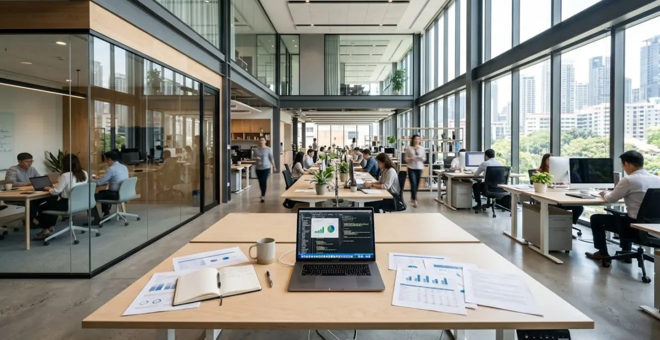 Bureau professionnel contemporain avec des documents de comptabilité et un ordinateur portable sur une table en bois clair, lumière naturelle abondante