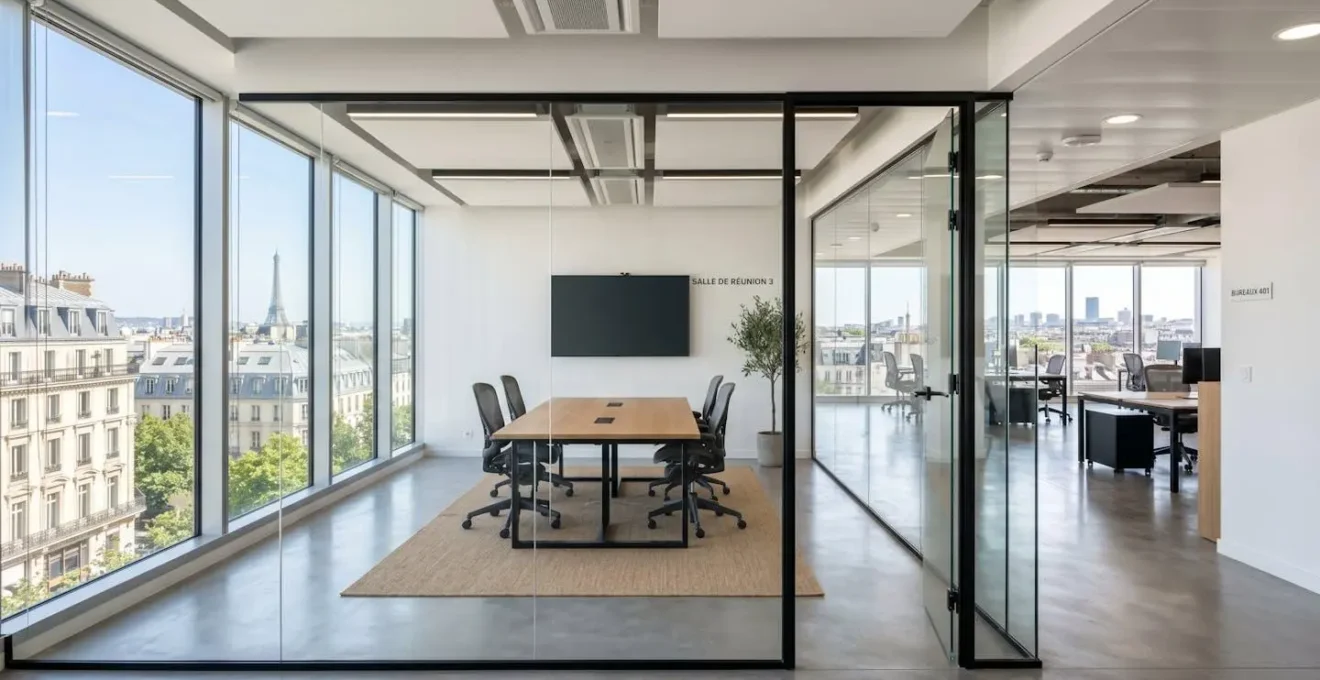 Vue grand angle d'un espace de bureau contemporain français avec cloisons vitrées, lumière naturelle abondante et lignes épurées
