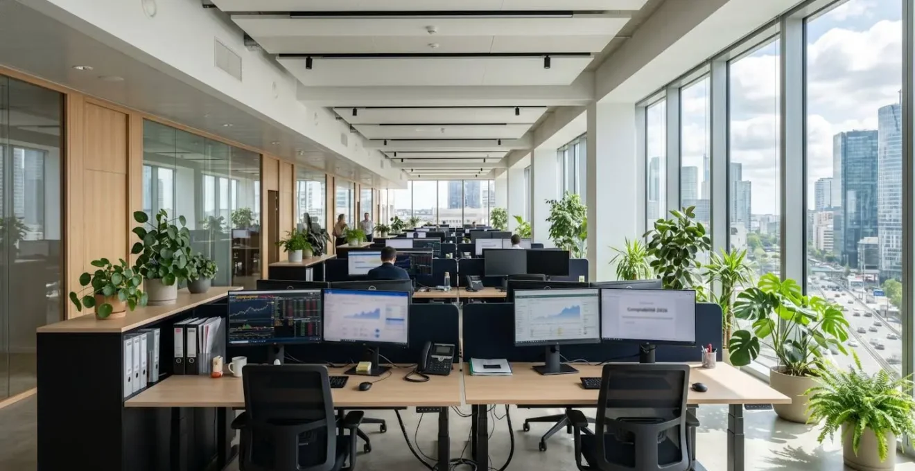 Espace de travail contemporain et lumineux avec de grandes fenêtres, des bureaux épurés et des plantes vertes