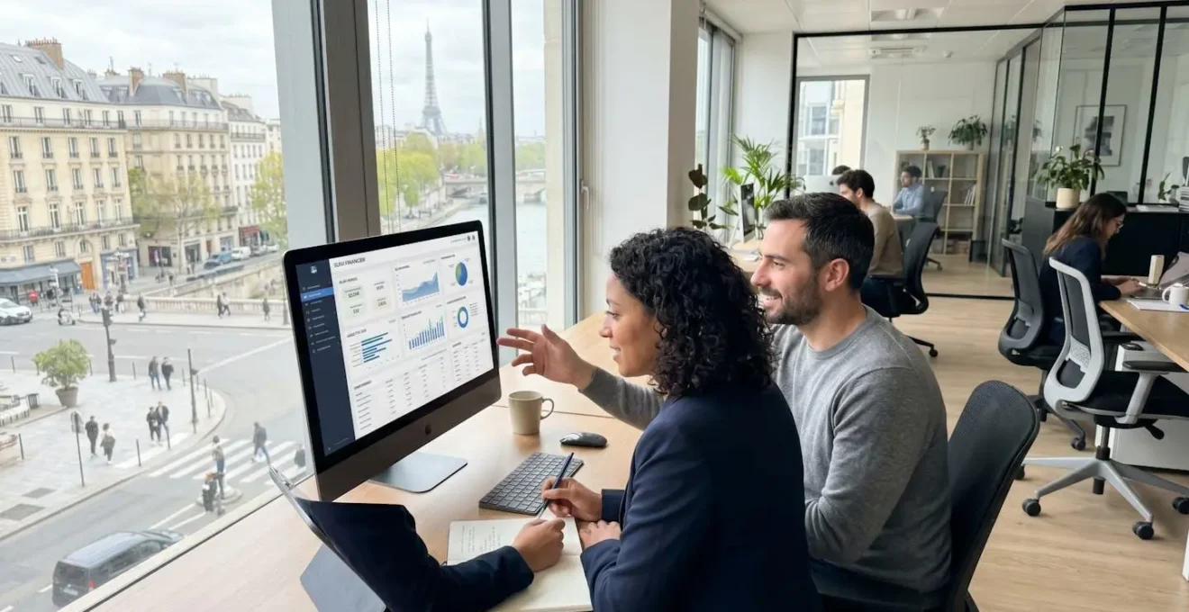 Deux professionnels collaborent devant un ordinateur portable dans un bureau moderne lumineux en consultant des données financières