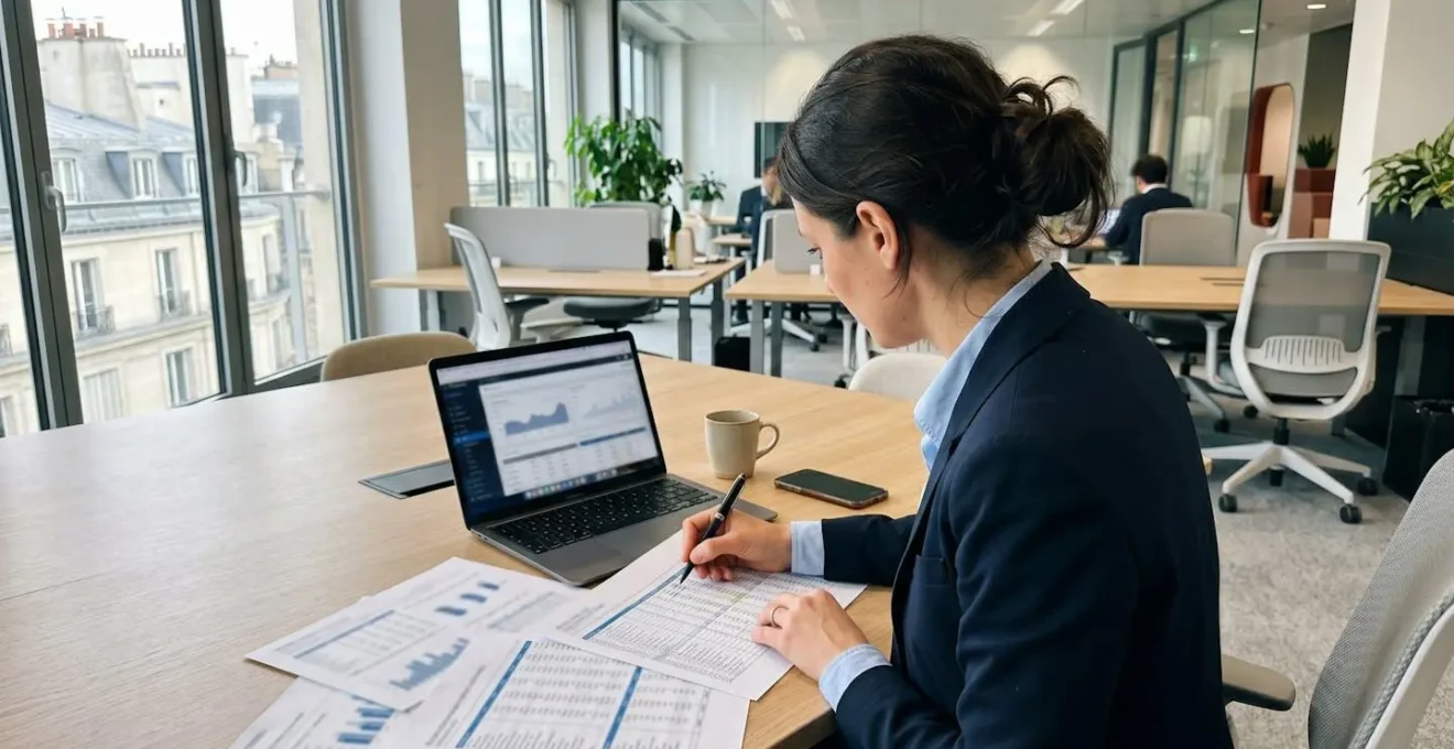 Un credit manager vu de dos analyse des rapports financiers avec un stylo à la main dans un bureau moderne français éclairé naturellement