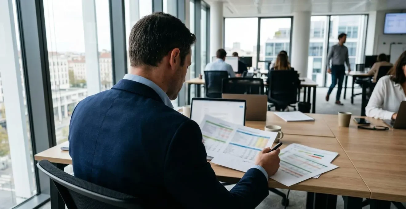 Un credit manager vu de dos analyse des rapports financiers avec un stylo à la main dans un bureau moderne français éclairé naturellement