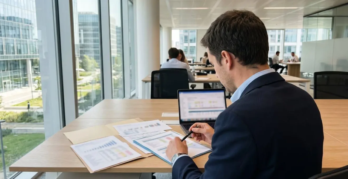 Un credit manager vu de dos analyse des rapports financiers avec un stylo à la main dans un bureau moderne français éclairé naturellement