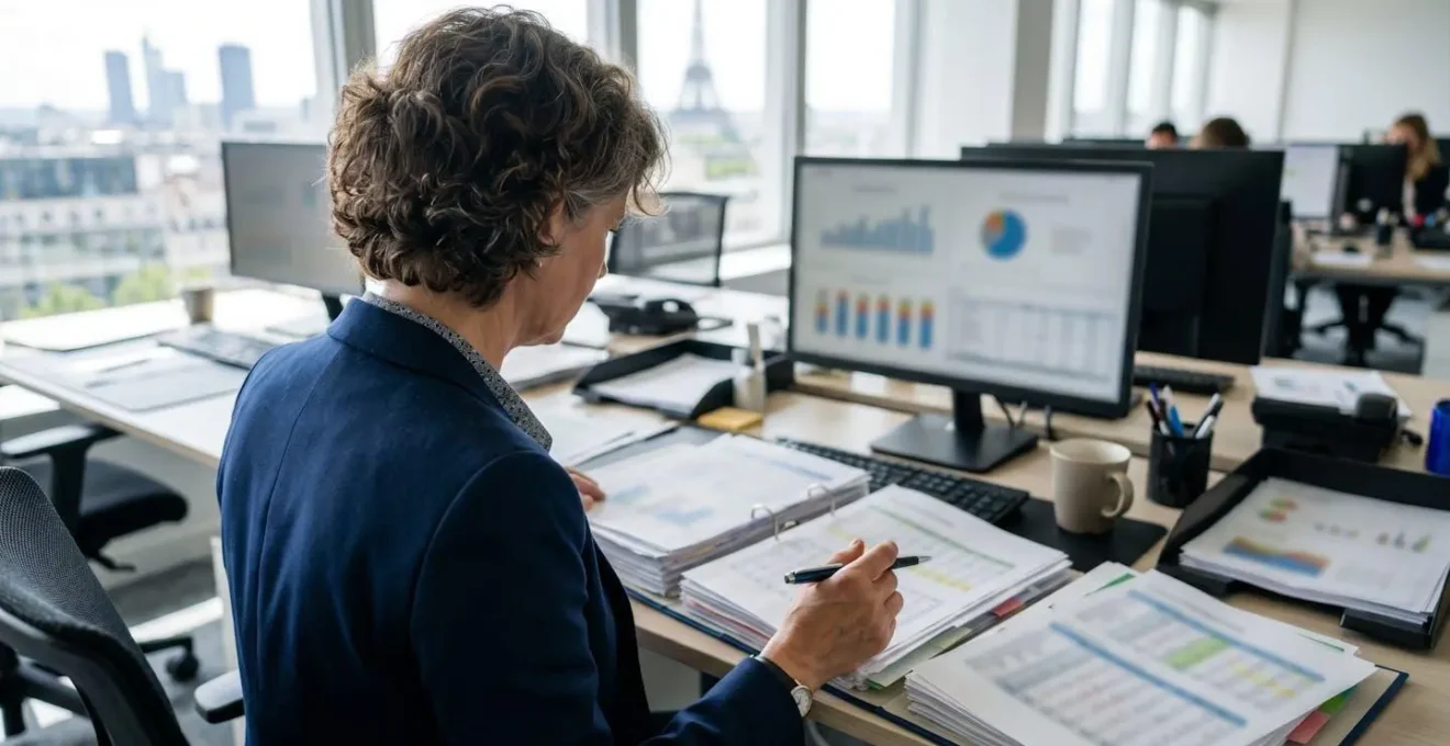 Un credit manager vu de dos analyse des rapports financiers avec un stylo à la main dans un bureau moderne français éclairé naturellement