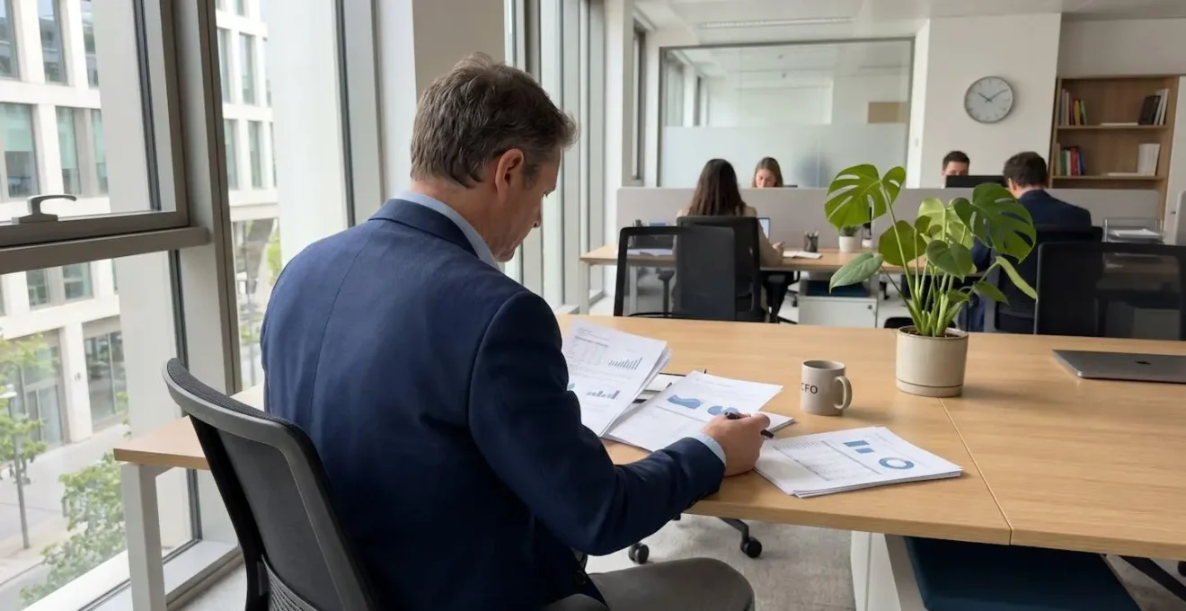 Vue de dos d'un directeur financier analysant des documents sur un bureau rangé avec plante verte et lumière naturelle douce
