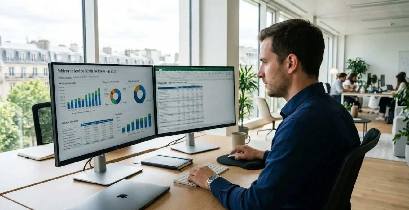 Un responsable financier vu de dos consulte un tableau de bord de trésorerie sur deux écrans dans un bureau moderne éclairé par la lumière naturelle