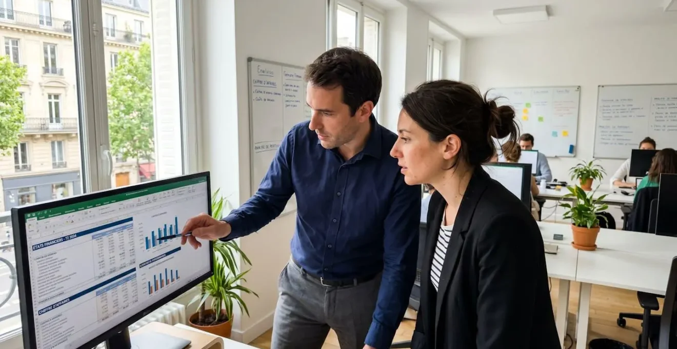 Deux professionnels en bureau moderne analysent ensemble des données financières affichées sur un écran d'ordinateur, geste naturel pointant l'écran, lumière naturelle de fenêtre