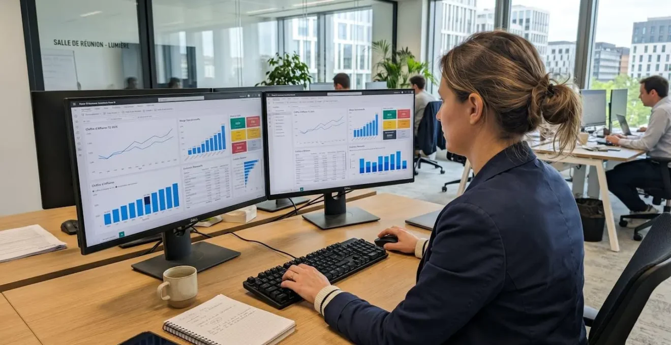 Un directeur administratif et financier vu de dos analysant des tableaux de bord financiers sur deux écrans dans un bureau contemporain lumineux