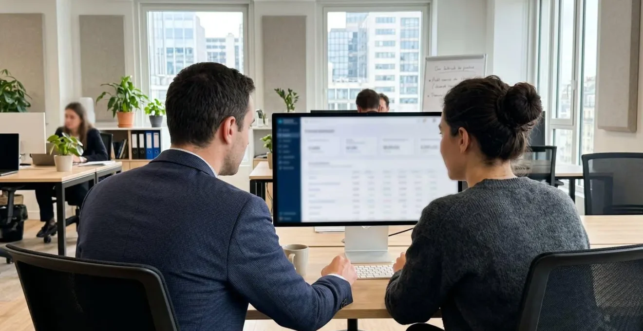 Vue de dos de deux professionnels analysant des données financières sur un écran d'ordinateur dans un bureau contemporain lumineux