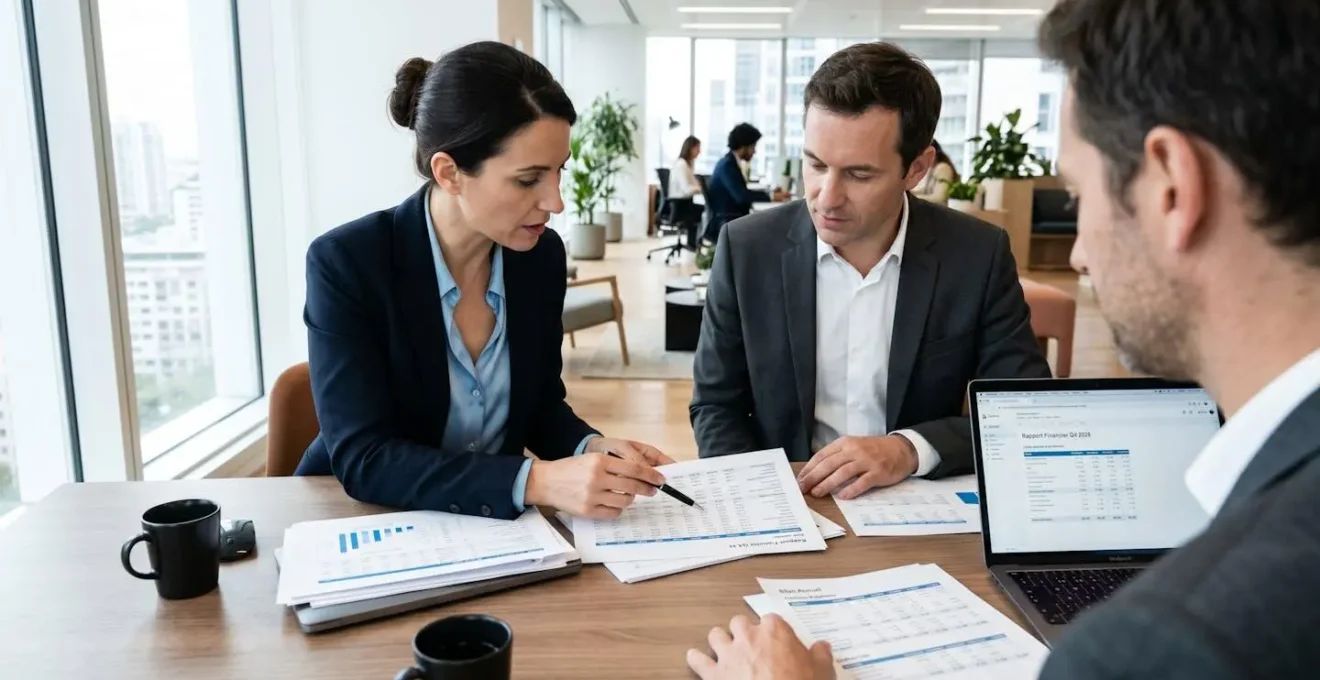 Deux professionnels dans la trentaine collaborent autour de documents financiers sur un bureau contemporain, vue de profil
