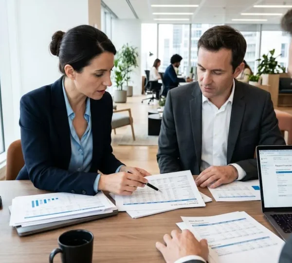 Deux professionnels dans la trentaine collaborent autour de documents financiers sur un bureau contemporain, vue de profil