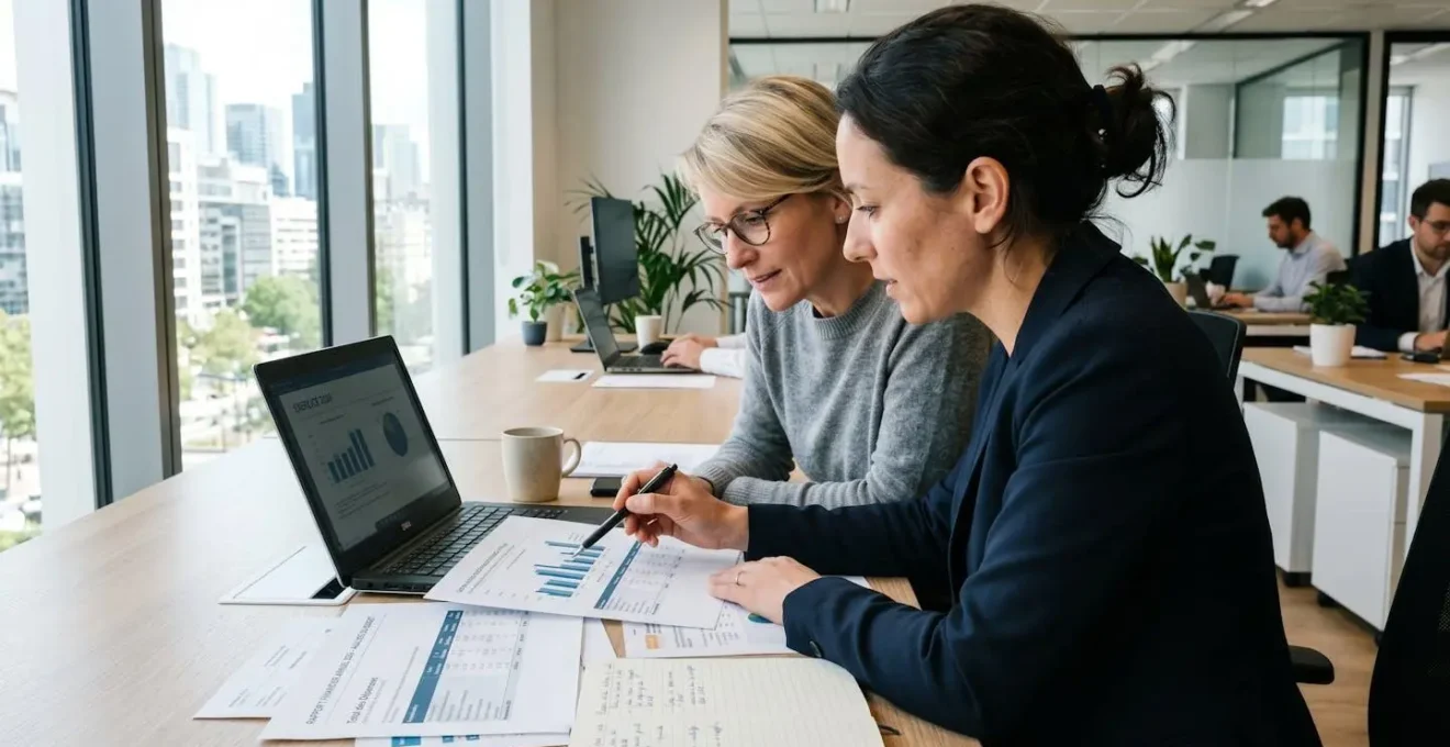 Deux professionnels dans la trentaine collaborent autour de documents financiers sur un bureau contemporain, vue de profil