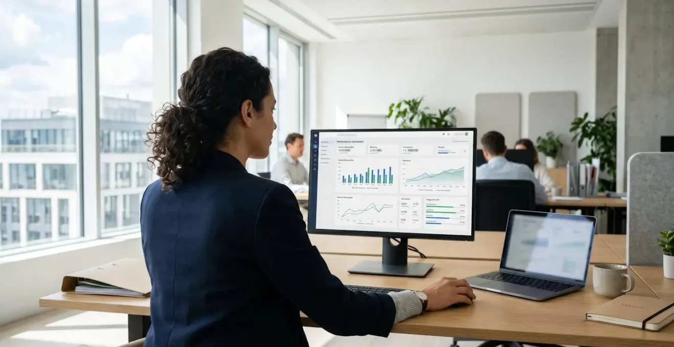 Un directeur financier vu de dos analyse des indicateurs de performance sur un grand écran dans un bureau moderne lumineux