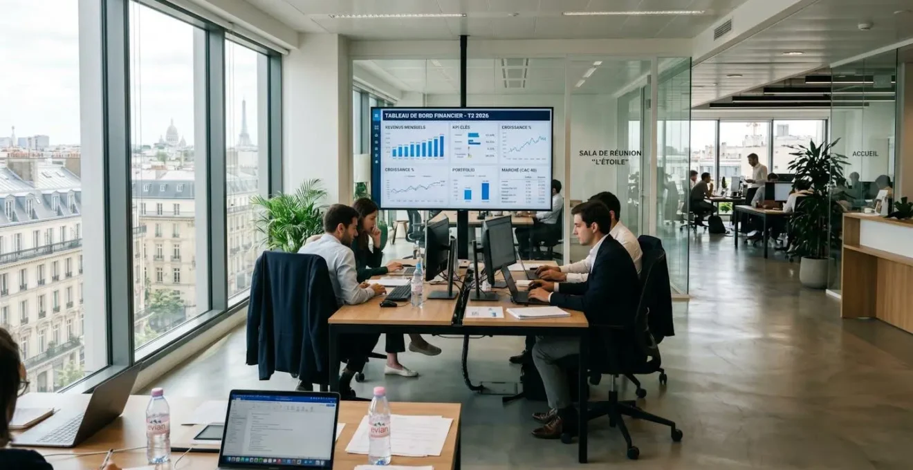Un directeur financier consulte un tableau de bord financier sur un grand écran dans un bureau contemporain français éclairé par la lumière naturelle