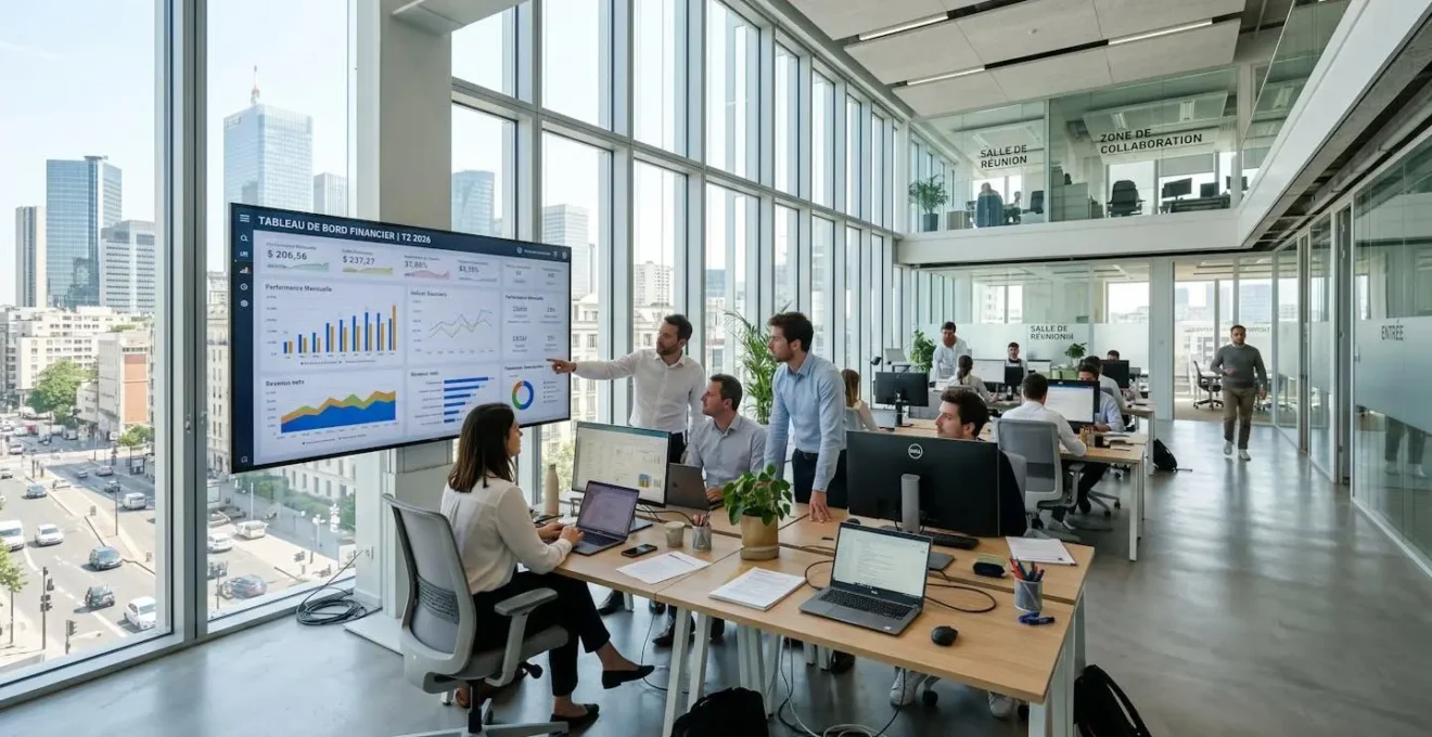 Un directeur financier consulte un tableau de bord financier sur un grand écran dans un bureau contemporain français éclairé par la lumière naturelle