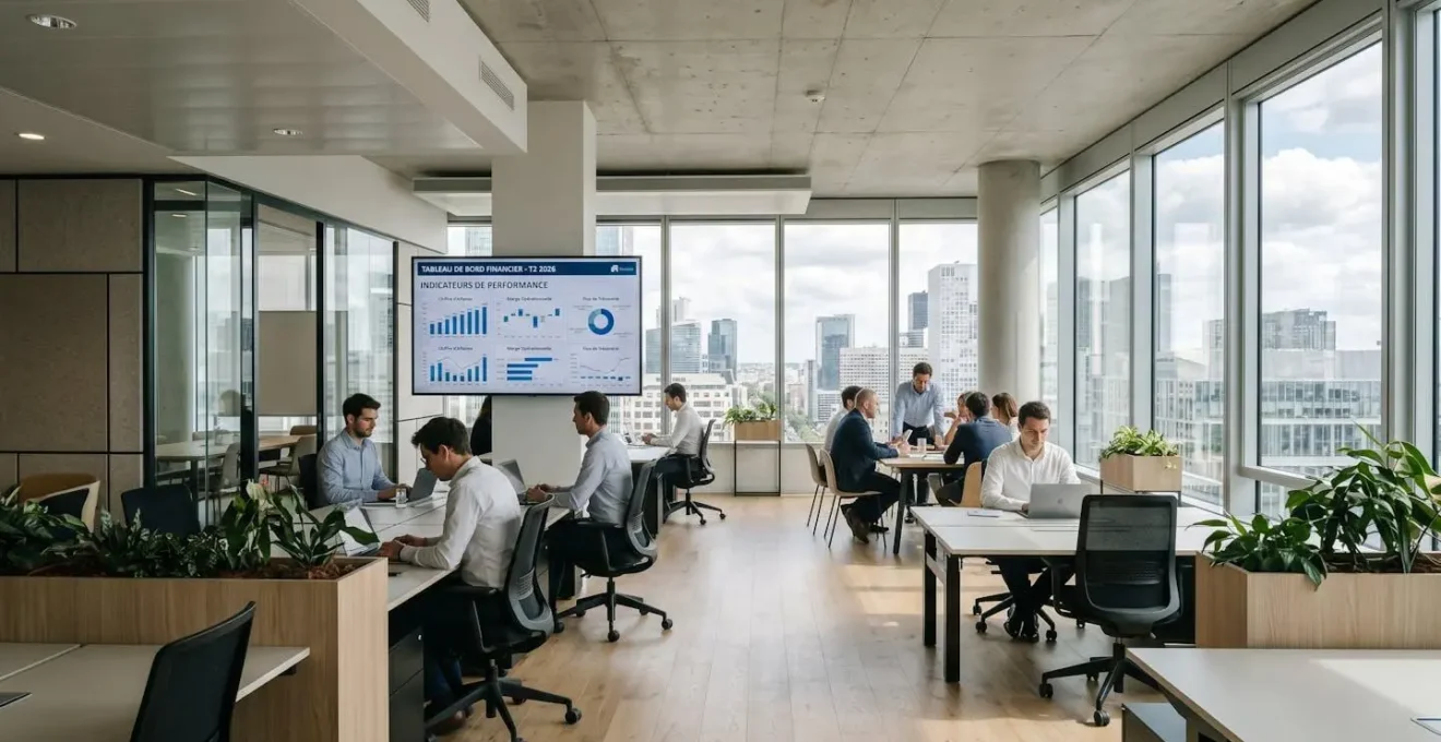Un directeur financier consulte un tableau de bord financier sur un grand écran dans un bureau contemporain français éclairé par la lumière naturelle