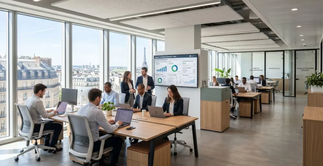 Un directeur financier consulte un tableau de bord financier sur un grand écran dans un bureau contemporain français éclairé par la lumière naturelle