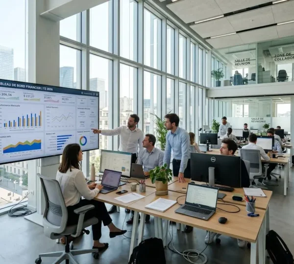 Un directeur financier consulte un tableau de bord financier sur un grand écran dans un bureau contemporain français éclairé par la lumière naturelle