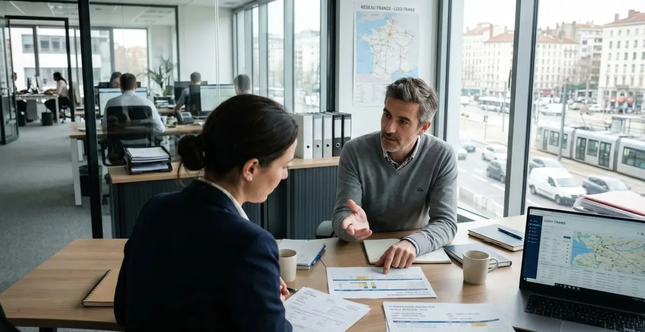 Deux professionnels échangent des documents dans un bureau moderne de PME transport, lumière naturelle, vue par-dessus l'épaule