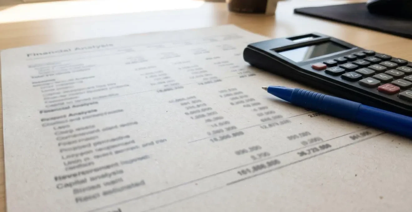 Gros plan sur un document d'analyse financière avec calculatrice et stylo, chiffres et texte complètement floutés, mise au point sur la texture du papier
