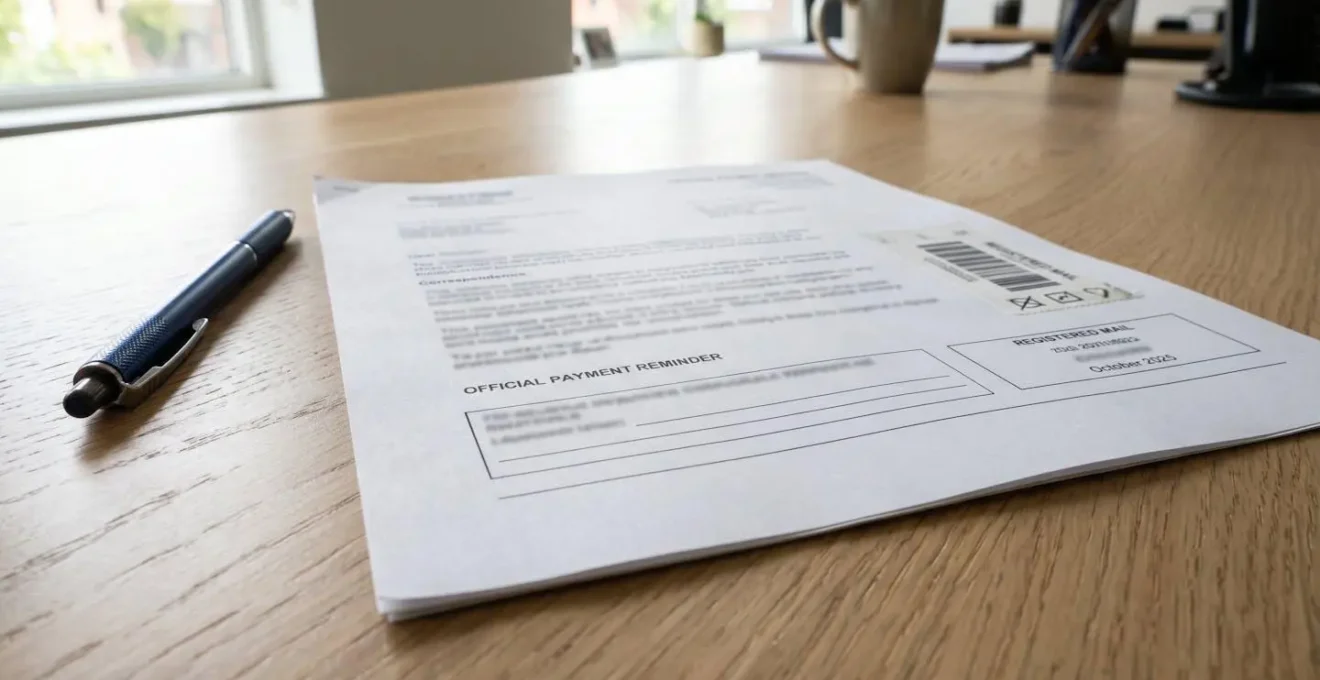 Vue rapprochée d'un document officiel de mise en demeure avec tampon de courrier recommandé posé sur un bureau, stylo à côté
