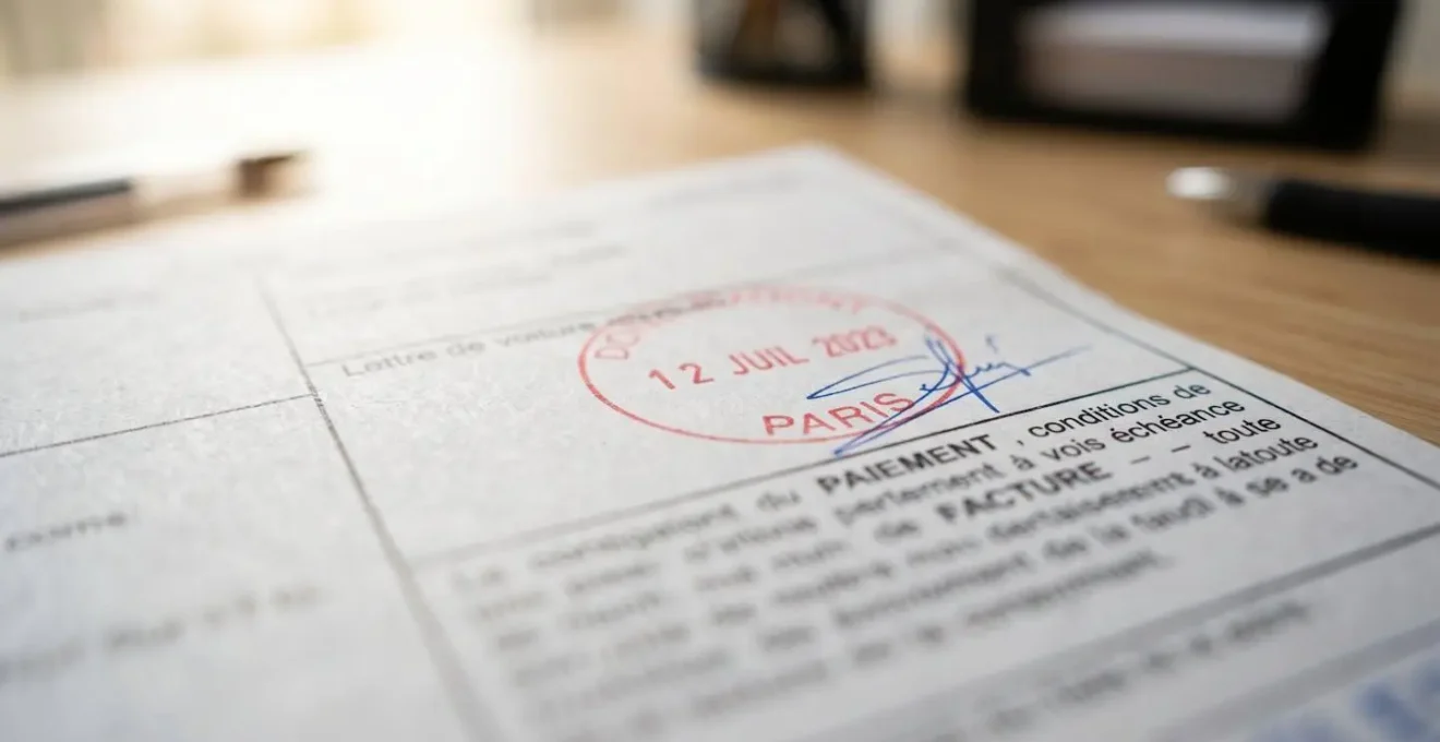 Gros plan sur des documents de transport avec lettre de voiture CMR et dates d'échéance partiellement visibles