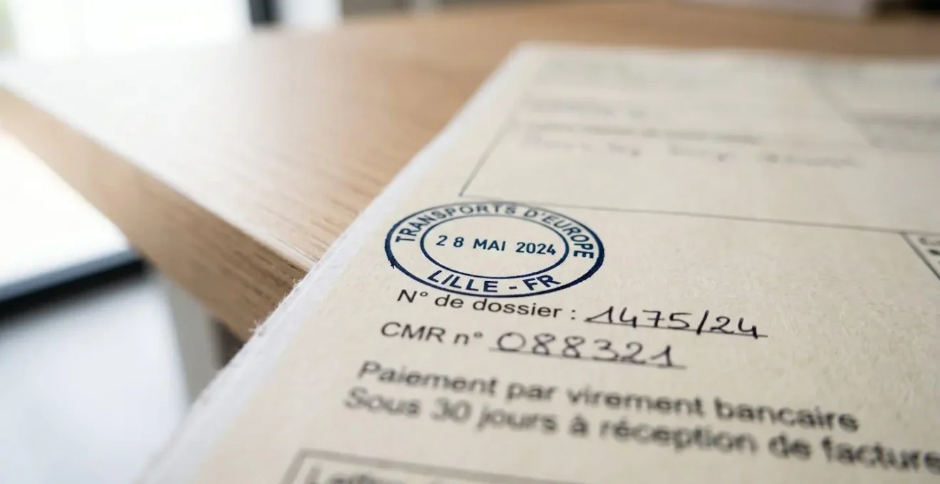 Gros plan sur des documents de transport avec lettre de voiture CMR et dates d'échéance partiellement visibles