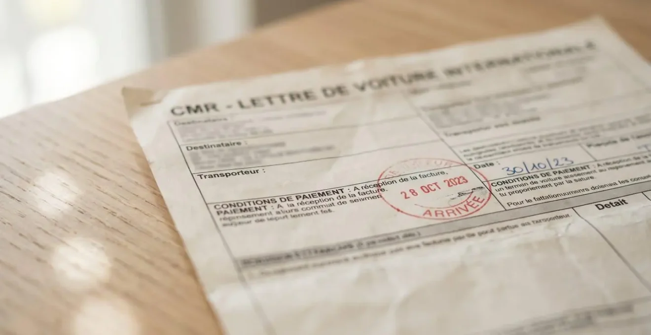 Gros plan sur des documents de transport avec lettre de voiture CMR et dates d'échéance partiellement visibles
