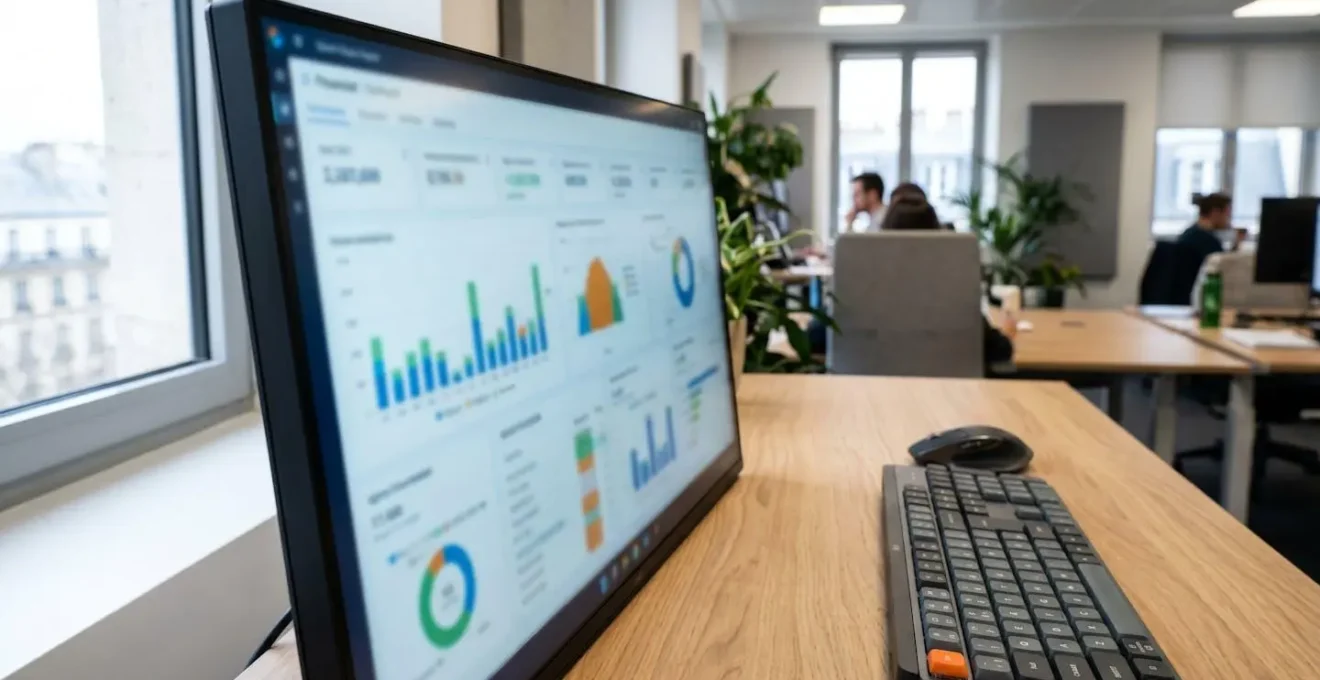 Gros plan sur un écran d'ordinateur affichant un tableau de bord financier avec des graphiques et métriques floutés