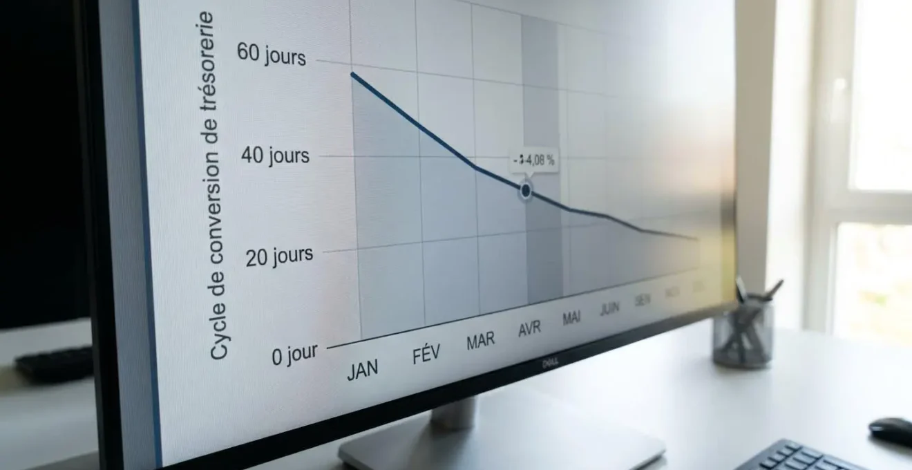 Gros plan sur un écran d'ordinateur affichant un graphique financier montrant l'évolution du Cash Conversion Cycle avec une courbe descendante