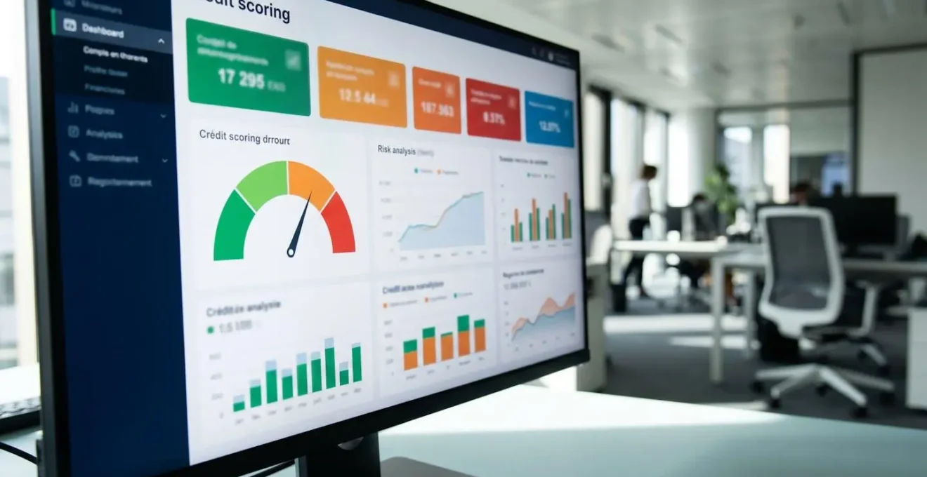 Gros plan sur un écran d'ordinateur affichant un tableau de bord financier avec indicateurs de scoring crédit et niveaux de risque codés par couleur