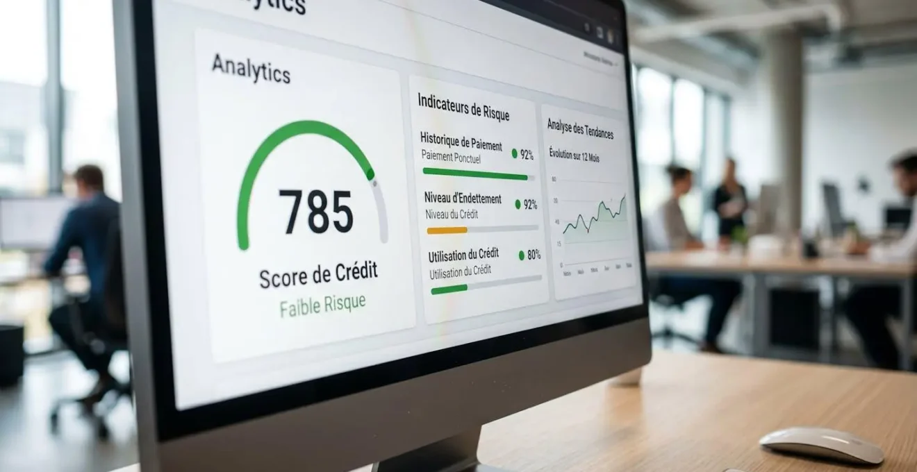Gros plan sur un écran d'ordinateur affichant un tableau de bord financier avec indicateurs de scoring crédit et niveaux de risque codés par couleur
