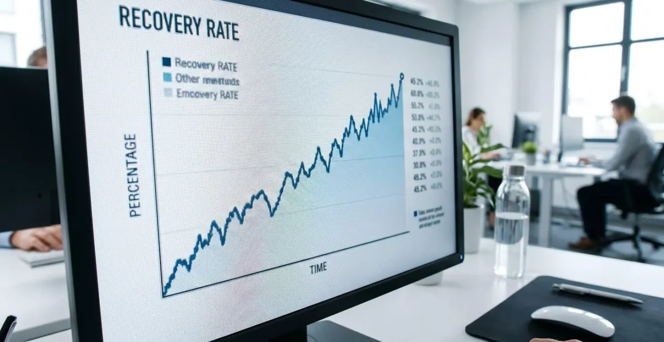 Gros plan sur un graphique de performance financière montrant des métriques de taux de recouvrement en hausse sur un écran d'ordinateur avec arrière-plan flouté
