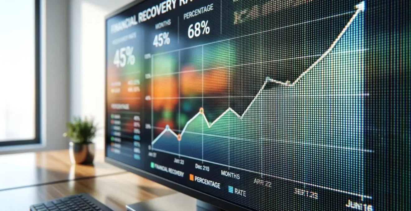 Gros plan sur un graphique de performance financière montrant des métriques de taux de recouvrement en hausse sur un écran d'ordinateur avec arrière-plan flouté