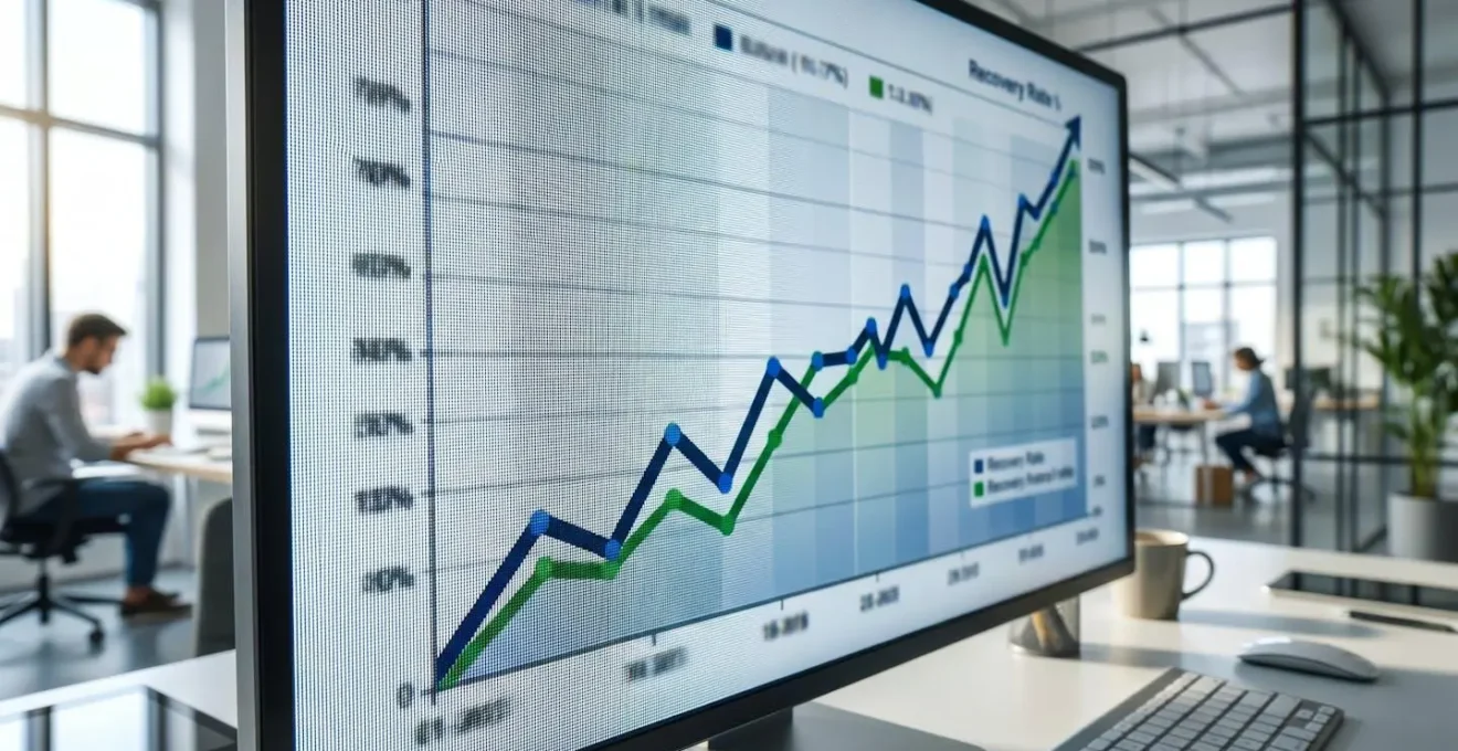 Gros plan sur un graphique de performance financière montrant des métriques de taux de recouvrement en hausse sur un écran d'ordinateur avec arrière-plan flouté