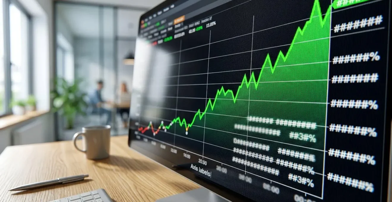 Gros plan sur un graphique de performance financière montrant des métriques de taux de recouvrement en hausse sur un écran d'ordinateur avec arrière-plan flouté