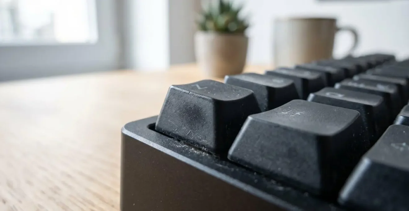 Vue rapprochée d'une main tapant sur un clavier moderne avec mise au point sélective créant un effet de flou artistique