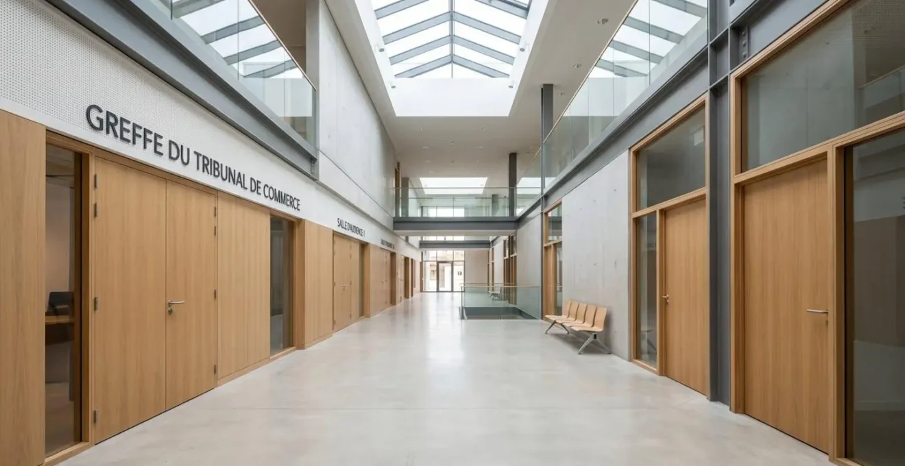 Intérieur lumineux d'un tribunal de commerce français, salle d'audience vide, lignes épurées, lumière naturelle zénithale, architecture contemporaine