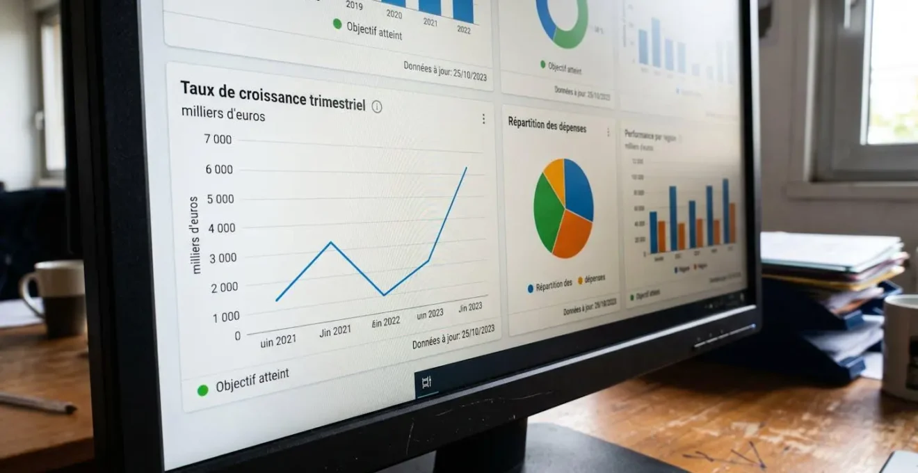 Gros plan sur un écran d'ordinateur affichant un tableau de bord financier avec graphiques et indicateurs de performance, clavier moderne flouté en arrière-plan