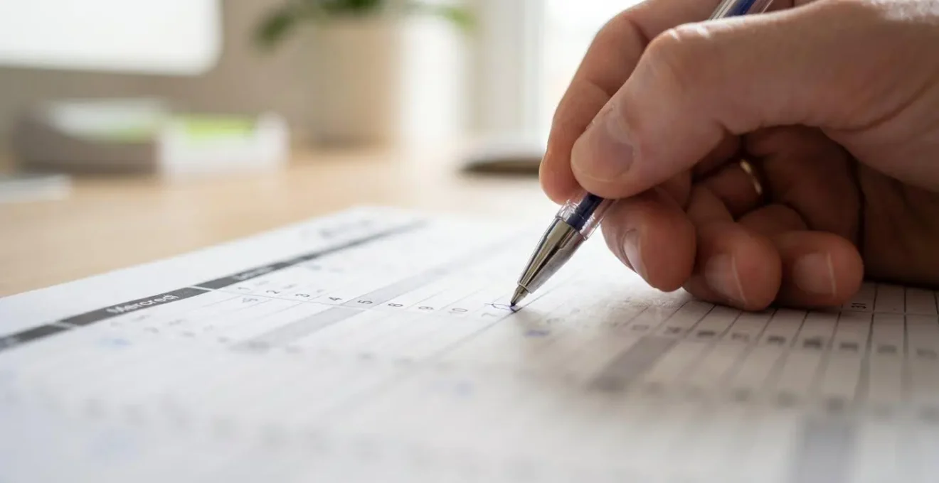 Gros plan sur une main écrivant des dates d'échéance au stylo sur un calendrier papier posé sur un bureau contemporain