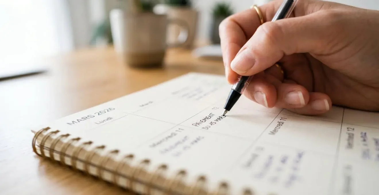 Gros plan sur une main écrivant des dates d'échéance au stylo sur un calendrier papier posé sur un bureau contemporain
