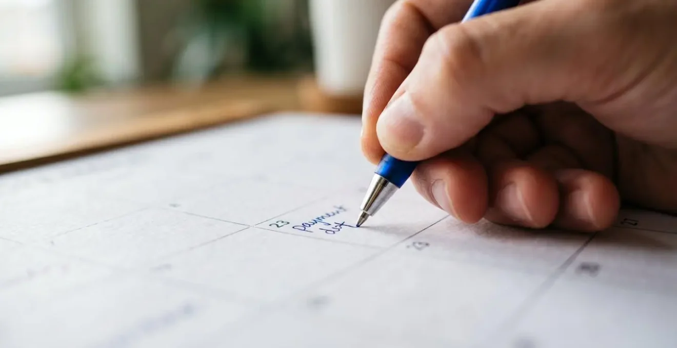 Gros plan sur une main écrivant des dates d'échéance au stylo sur un calendrier papier posé sur un bureau contemporain