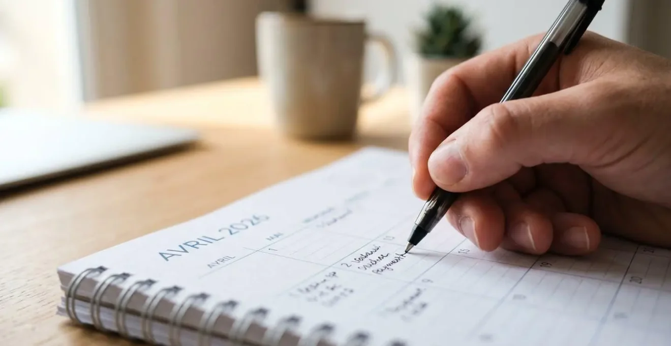 Gros plan sur une main écrivant des dates d'échéance au stylo sur un calendrier papier posé sur un bureau contemporain