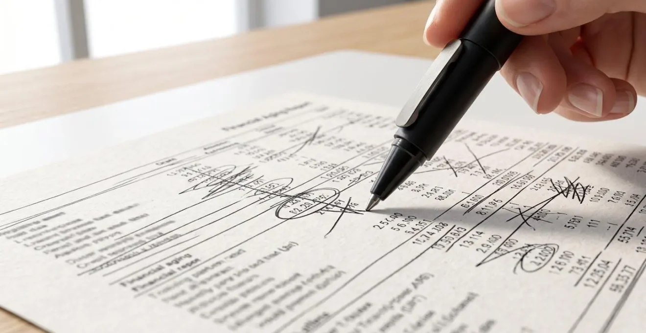Gros plan sur une main professionnelle annotant au stylo un document financier présentant une balance âgée de créances sur un bureau moderne