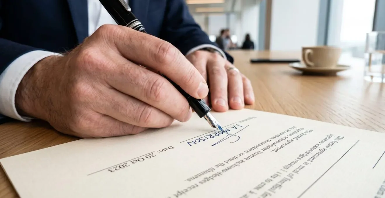Gros plan sur une main tenant un stylo élégant en train de signer un document officiel sur une surface moderne et épurée