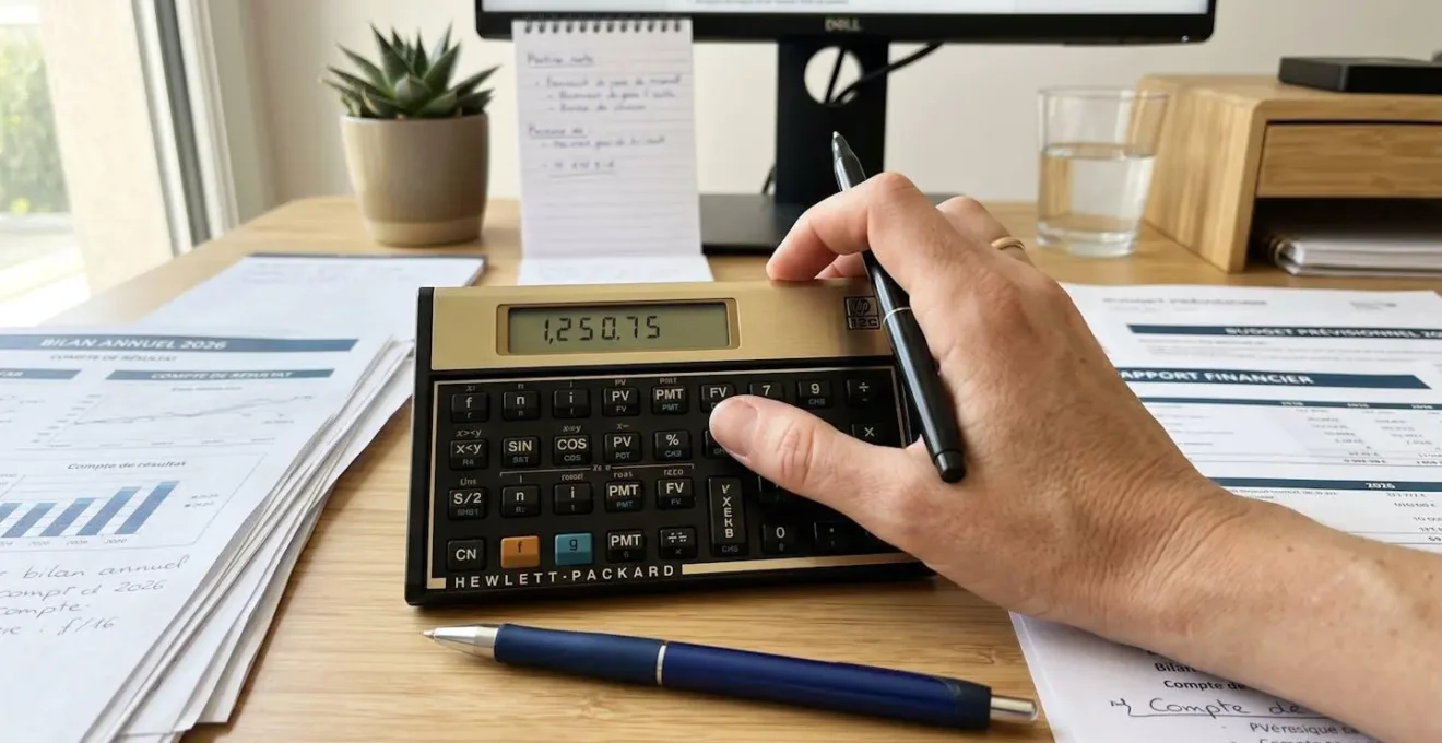 Gros plan sur une main utilisant une calculatrice professionnelle avec un stylo et des documents financiers floutés en arrière-plan