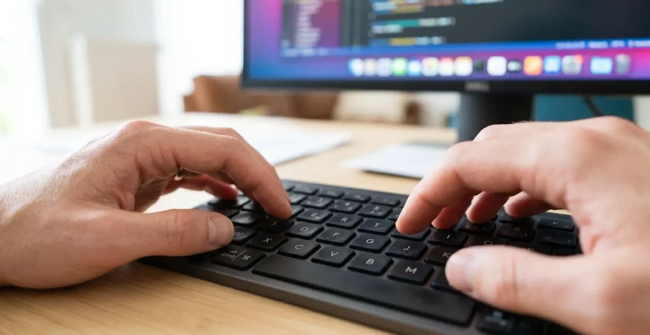 Gros plan sur des mains tapant sur un clavier d'ordinateur portable avec écran financier flouté en arrière-plan, éclairage naturel latéral